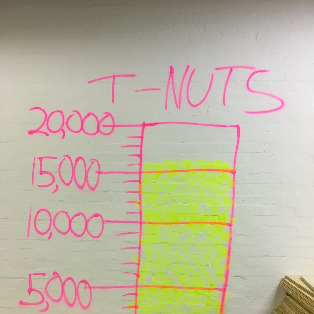 A tally of T-nuts fitted, drawn on the wall in pink paint and coloured in as they went
