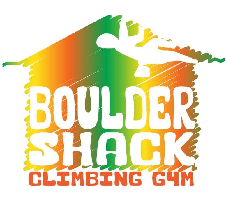 A logo of a climber on a shack roof, in green, yellow and red