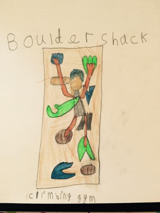 A child’s drawing of a climber in green on a brown wall