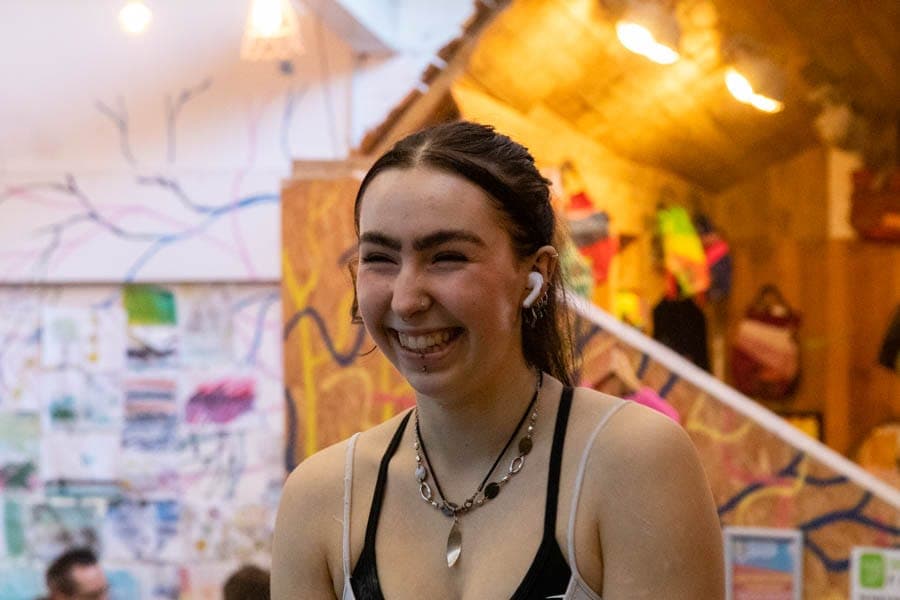 A climber laughing in the café