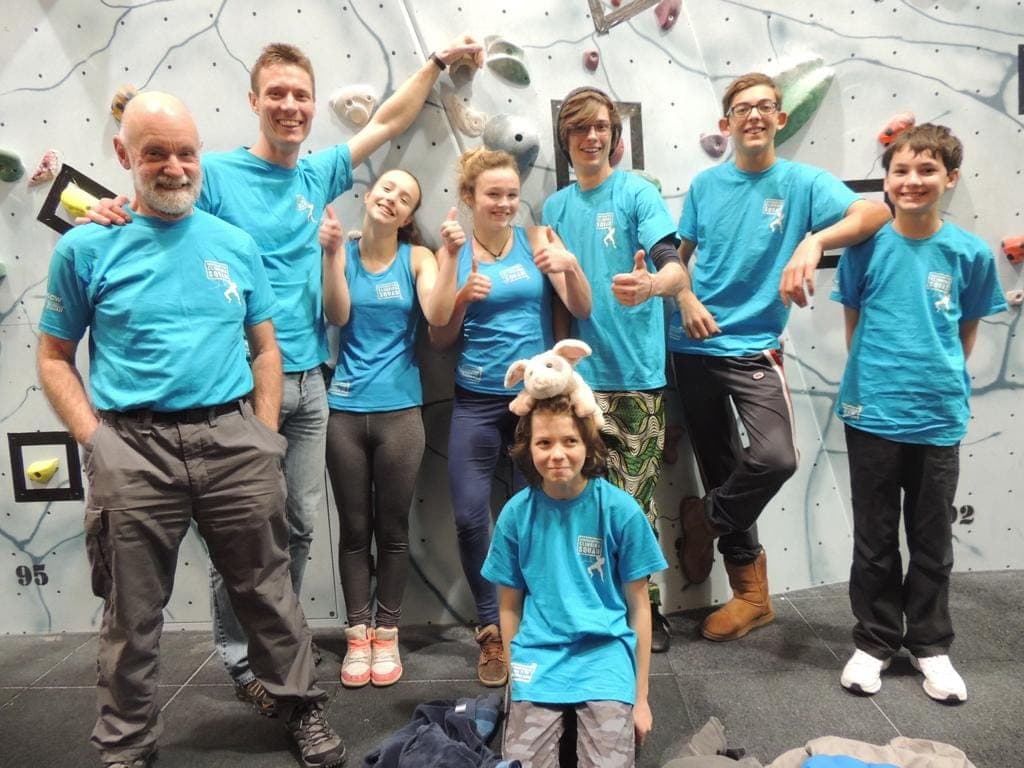 The Boulder Shack squad and their coaches in matching blue T-shirts