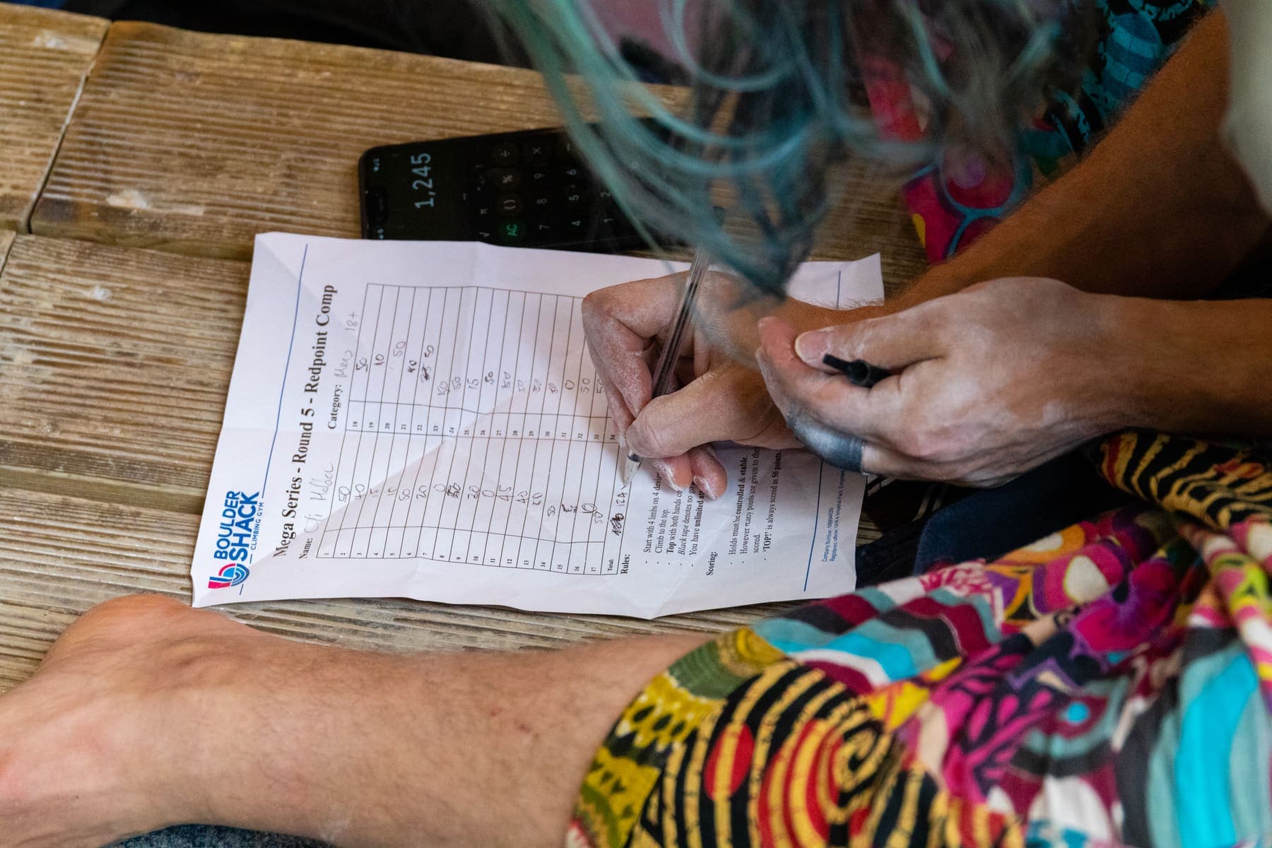 A scorecard being filled in on the floor